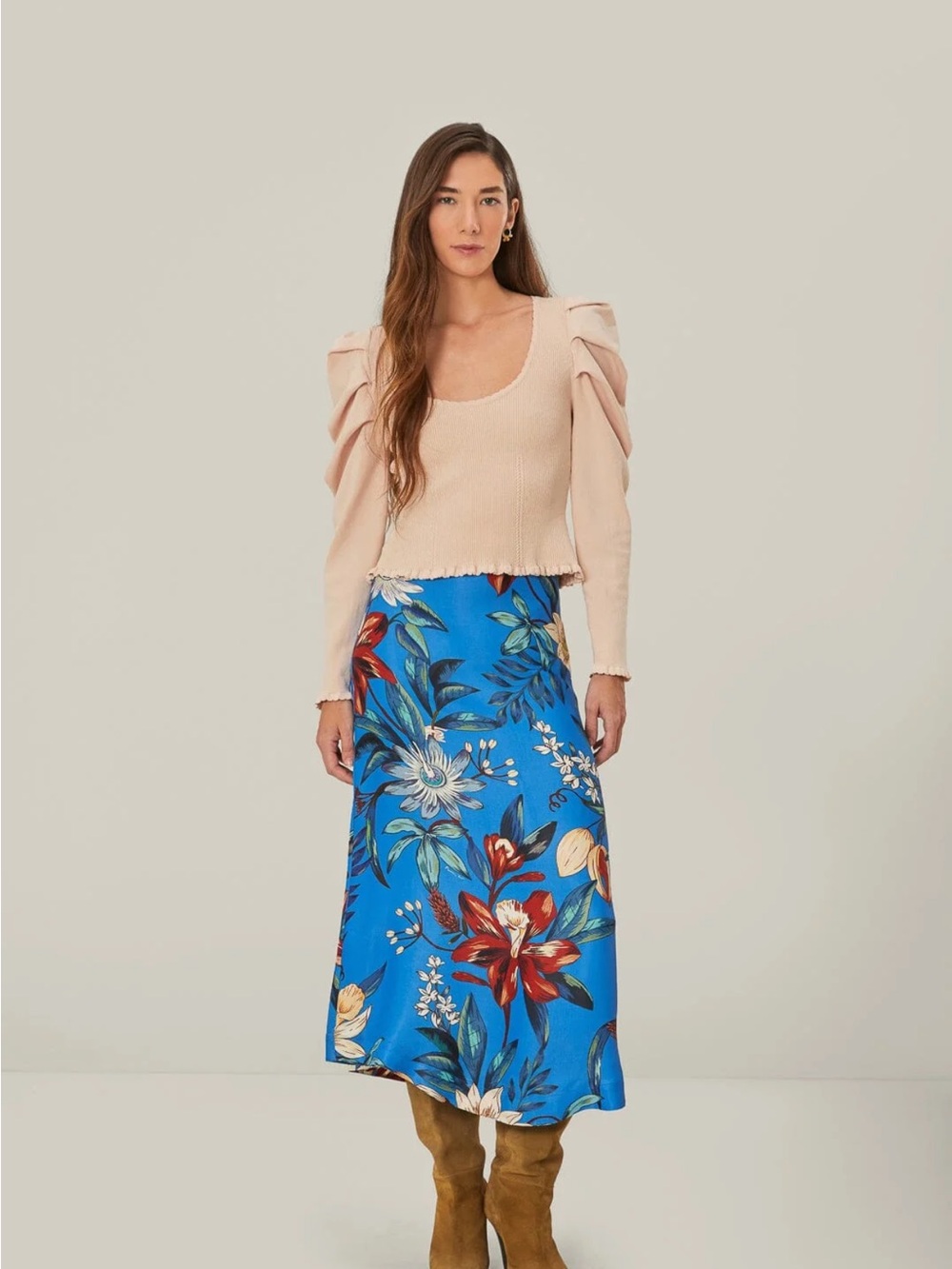 Blue Surreal Flowers LENZING ECOVERO Midi Skirt